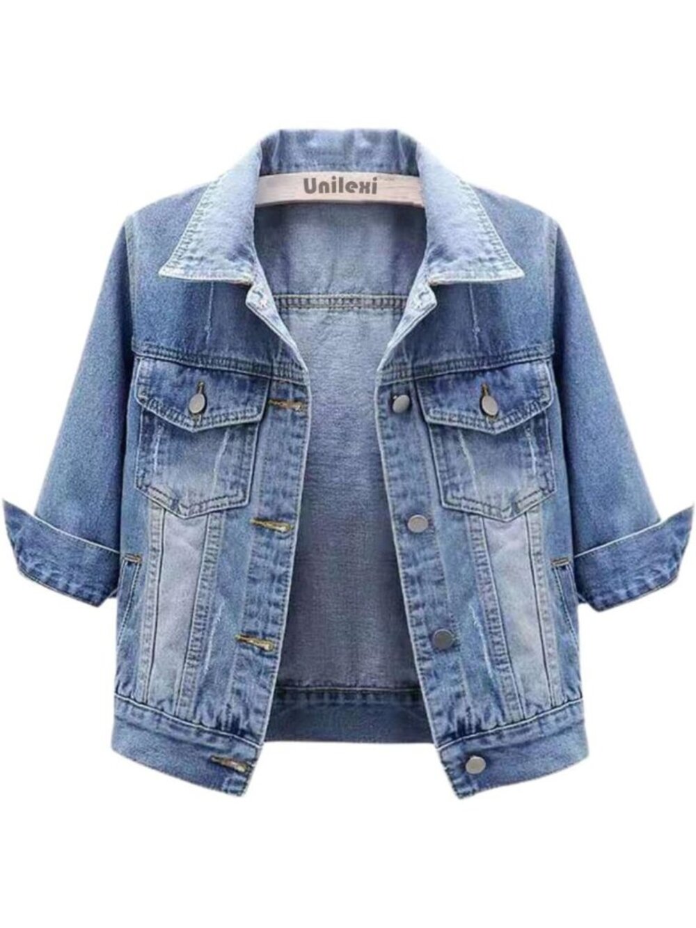 Stylish Women's Light Wash Cropped Denim Jacket with 3/4 Sleeves - Trendy